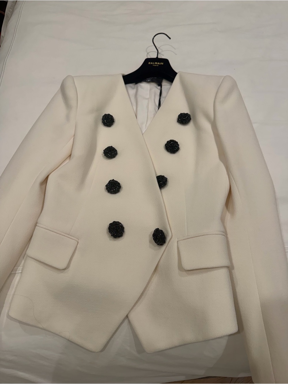 Balmain Cream Double-Breasted Blazer with Black Rosette Buttons